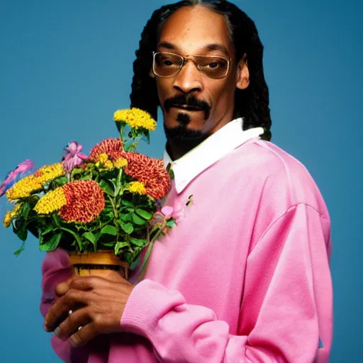 Image similar to Snoop Dogg holding a Vase of flowers for a 1990s sitcom tv show, Studio Photograph, split lighting, portrait, C 12.0