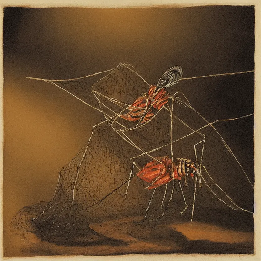 Image similar to mosquito resting on a net at night, with a dramatic lighting, painted by Tomine, highly detailed