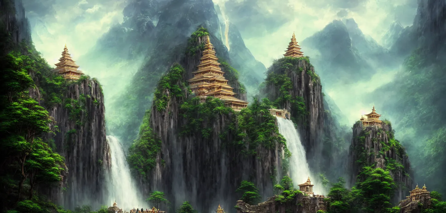 Prompt: a large beautiful temple in the middle of the mountains, a high waterfall flows out from under the temple, cinematic view, epic sky, detailed, concept art, low angle, high detail, warm lighting, volumetric, godrays, vivid, beautiful, trending on artstation, by jordan grimmer, huge scene, grass, art greg rutkowski