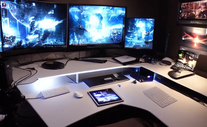 Image similar to futuristic gaming setup with white lighting, hd photograph, highly detailed, intricate, sharp focus