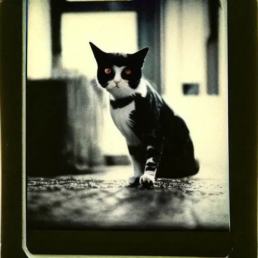 Image similar to wide-shot very low-angle eyesight first-person reflection of a cat's face in the puddle at the street, polaroid photo, by Andy Warhol, signed