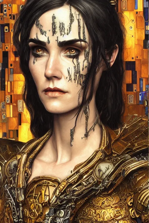 Image similar to portrait of beautiful gothic Jennifer Connelly, cyberpunk, Warhammer, highly detailed, artstation, illustration, art by Gustav Klimt