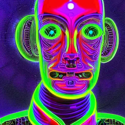Image similar to hyperdetailed portrait of a psychedelic cyberpunk robot head, accentuated with colorful glowing holy geometry, 8 k, symetrical, halluzinogenic, meditative, black background