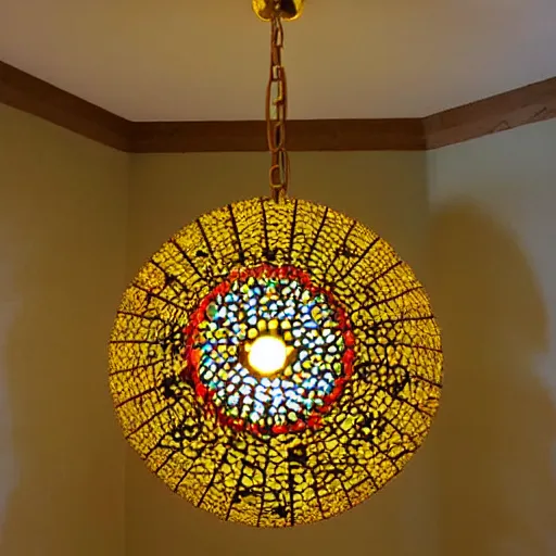 Image similar to chandelier in the shape of a sun with yellow accents designed by tiffany