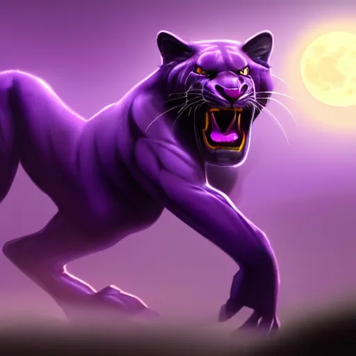 Prompt: concept art of a large purple panther at night roaring at the moon. digital drawing, illustration, 4 k, highly detailed, matte painting, artstation, artistic