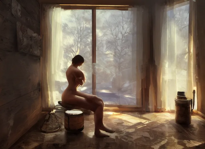 Image similar to russian banya, russian sauna, steam, dressed!!! girls, painting by craig mullins, octane rendering, soft morning lighting, wide angle lens, in the style of hayao miyazaki, trending on artstation,