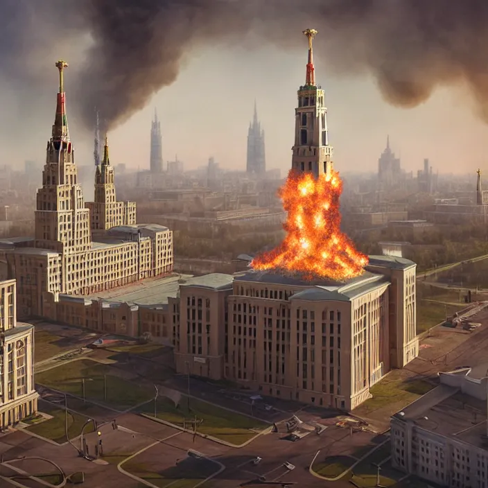 Prompt: matte painting of a moscow state university building on fire, masterpiece, cinematic, hyperdetailed, photorealistic, hyperrealism, octane render, depth of field, bokeh, architecture, aerial view, art by tom bagshaw, geof darrow, james gurney, filip hodas