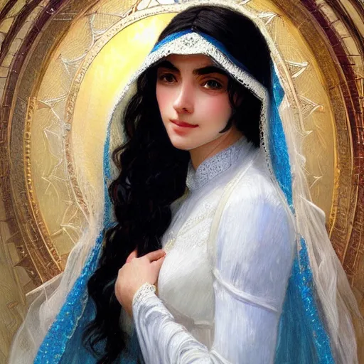 Image similar to ameera al taweel, bright blue eyes, long wavy black hair, white veil, front , highly detailed, digital painting, artstation, concept art, smooth, sharp focus, illustration, ArtStation, art by artgerm and greg rutkowski and alphonse mucha and Edmund Blair Leighton