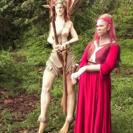 Prompt: an elven woman with a giant and standing behind her