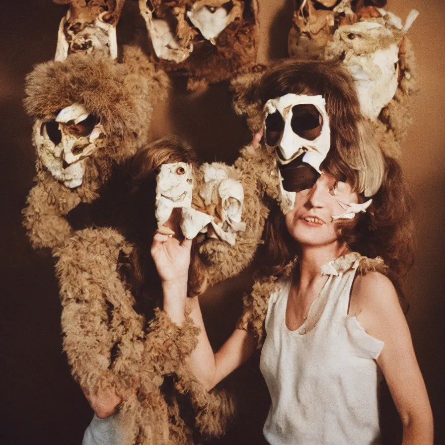 Image similar to 7 0 s movie still of cult member with taxidermic moth masks, cinestill 8 0 0 t 3 5 mm, heavy grain, high quality, high detail