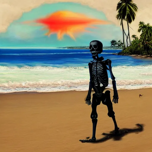 Image similar to Beautiful digital painting portrait of relaxed skeleton walking on the tropical beach with nuclear bomb explosion in the background, by James Gurney, high quality, trending on Artstation, realistic, tropical color scheme, anatomically correct skeleton, high coherence, clear blue sky