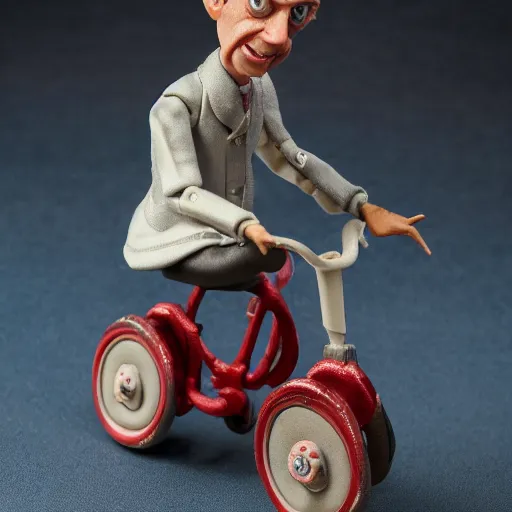 Prompt: product photography of a claymation action figure steve buscemi riding a children's tricycle, depth of field, zeiss lens, detailed, centered, by nicoletta ceccoli, mark ryden, erwin olaf, earl nore, frank frazetta, breathtaking, 8 k resolution, extremely detailed, beautiful, establishing shot, hyperrealistic