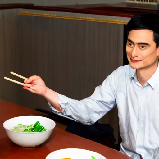 Prompt: asian ben shapiro eating rice with chop sticks