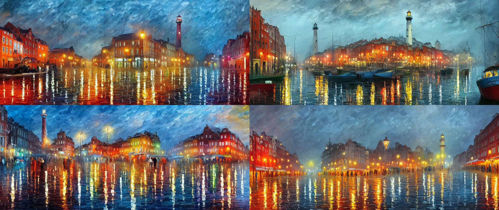 Prompt: closeup of wet city street, market square, harbor, reflections, lighthouse, shimmering iridescent water, in the style of Zdzislaw Beksinski, Leonid Afremov and Canaletto, highly detailed, soft lighting, film grain, medium format, 8k resolution, oil on canvas