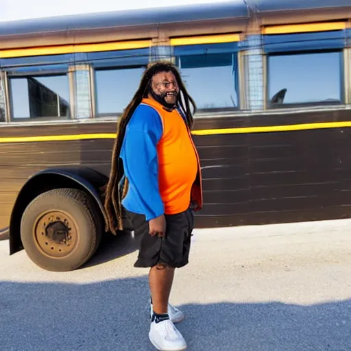 Image similar to overweight african american male school bus driver with dreads, wearing shorts with chubby legs, big moe,