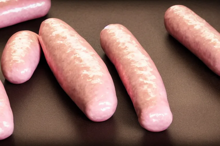 Image similar to cream filled and pink frosted uncooked sausages, studio lighting, photorealistic