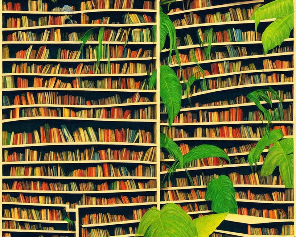 Image similar to one small bookshelf in the rainforest, featuring law books, by hopper. hyperdetailed, proportional, romantic, enchanting, achingly beautiful, graphic print, trending on artstation, jungle, tropical, foliage