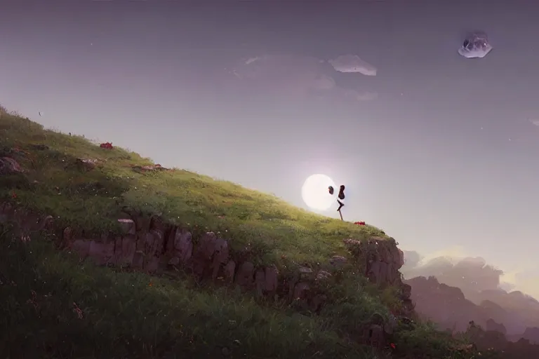 Image similar to giant white daisy flower on head, girl walking on cliff, surreal photography, solar eclipse, milky way, dramatic light, impressionist painting, clouds, digital painting, artstation, james gilleard, liam wong, jeremy mann, simon stalenhag