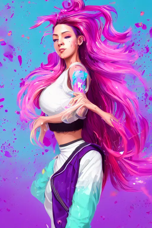 Image similar to a award winning half body portrait of a beautiful woman in a croptop and cargo pants with ombre purple pink teal hairstyle with head in motion and hair flying by artgerm, paint splashes, splatter, outrun, vaporware, shaded flat illustration, digital art, trending on artstation, highly detailed, fine detail, intricate