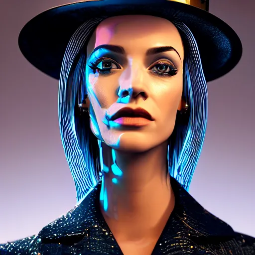 Image similar to stylish woman cartoon portrait made out of rain, pinstripe suit, top hat, cyberpunk background, rendered in octane, unreal engine, highly detailed, trending on artstation, realistic, neon, beautiful