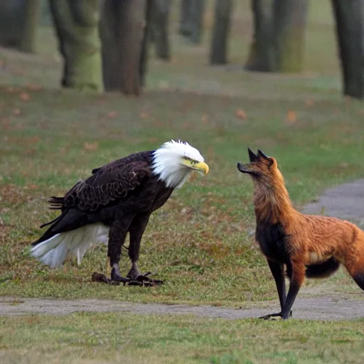 Prompt: eagle eagle eagle and a fox in a park