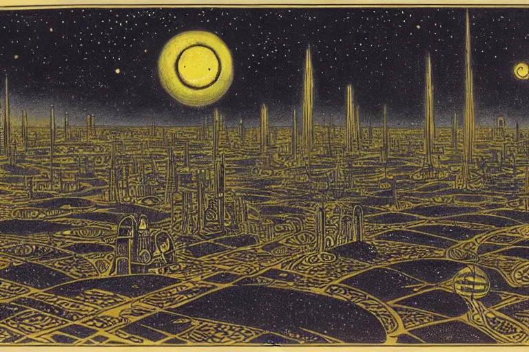 Image similar to a scifi illustration, Night City on Tatooine by Louis Wain (1920)