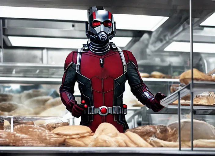 Image similar to film still of Antman working in a bakery in the new Avengers movie, 4k