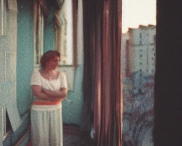 Image similar to lomo photo of pair standing on small hrushevka balcony full with cigarette smoke in small russian town looking at sunset, cinestill, bokeh