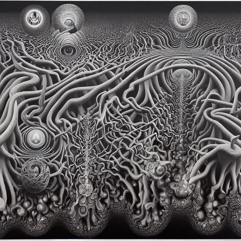 Prompt: infinite fractals of darkness, recursion, surreal, by salvador dali and mc escher and alex grey, oil on canvas, hd, dreams, intricate details, dark, vivid colors