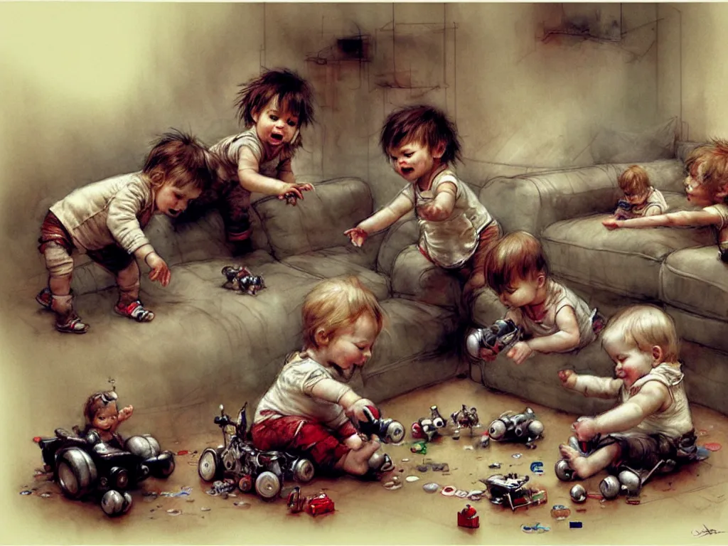 Prompt: toddlers playing ( ( ( ( ( futuristic living room. muted colors. ) ) ) ) ) by jean baptiste monge, chrome red, chrome silver