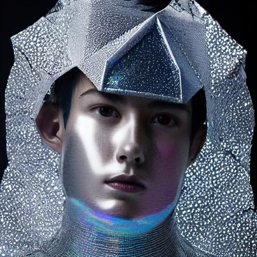 Prompt: a portrait of a beautiful young male wearing an alexander mcqueen armor made of holographic origami , photographed by andrew thomas huang, artistic