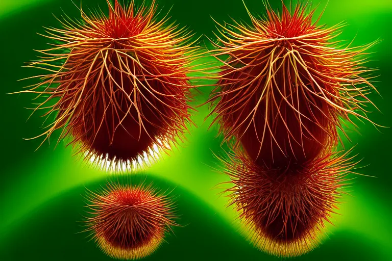 Image similar to jungle of the rambutan, art by ron miller and matthew stawicki and jurgen ziewe, trending on artstation, halfrear lighting microscopic view telephoto lens, cgsociety, final, long exposure, socialist realism