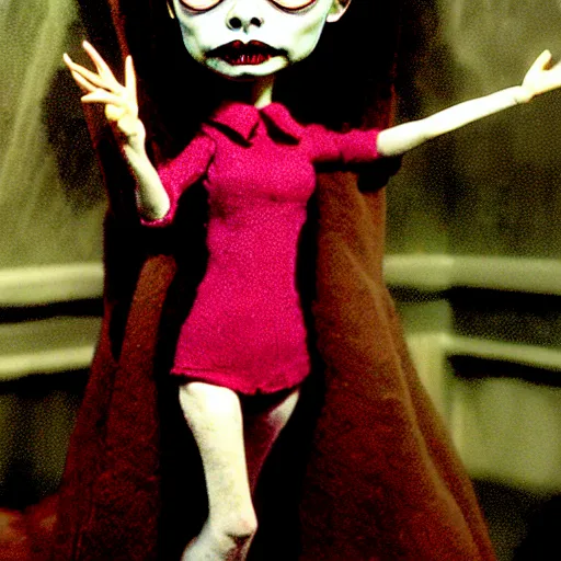 Image similar to claymation jacinda arden, fully - clothed, by jan svankmajer, hyperrealistic, very detailed, tim burton, 3 5 mm film still, gothic, horror, eldritch