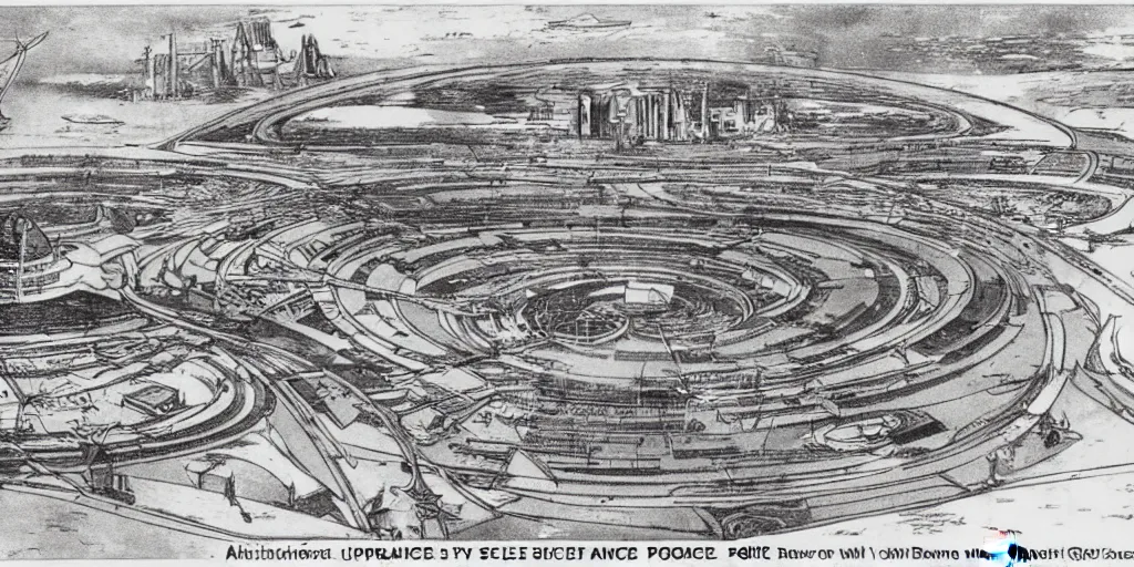 Prompt: architectural overview of a 1960 science fiction space port, drawn by James Joyce, in the style of Vaugaus