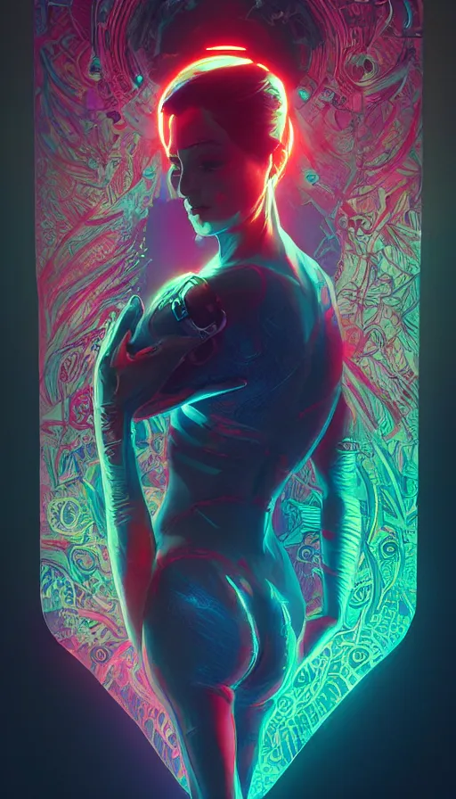 Image similar to altered carbon, neon, fibonacci, sweat drops, insane, pinup, intricate, highly detailed, digital painting, artstation, concept art, smooth, sharp focus, illustration, Unreal Engine 5, 8K, art by artgerm and greg rutkowski and alphonse mucha