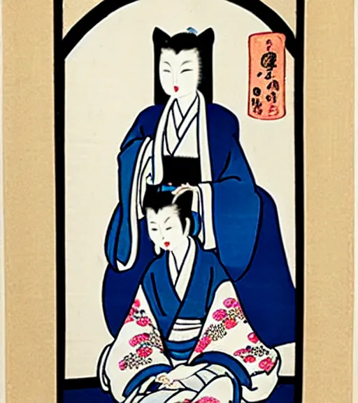 Image similar to madonna the singer in a beautiful kimono holding in her hand a fan, sitting on the floor next to a black and white playing cat, in the background a folding screen with blue irises and a window with bamboo. in the style of bijin - ga.