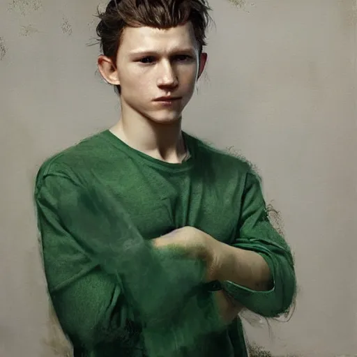 Image similar to attractive tom holland wearing green tunic by ruan jia, portrait