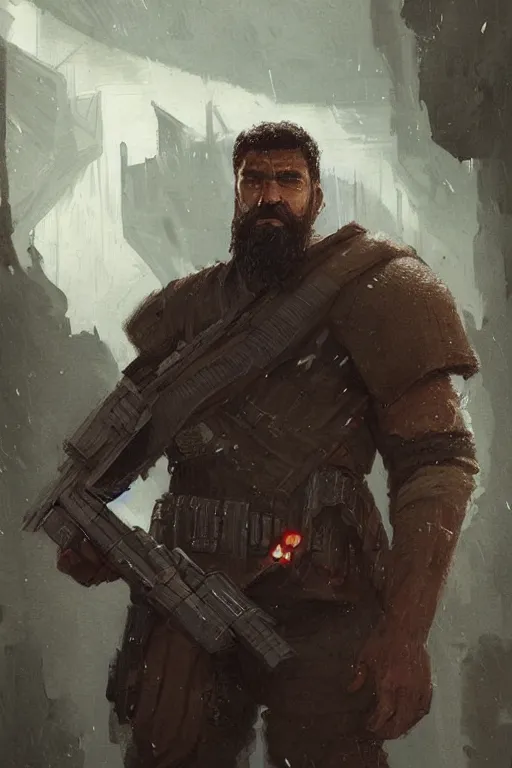 Prompt: portrait of a man by greg rutkowski, old bounty hanter, samoan features, tall and muscular, epic beard, star wars expanded universe, he is about 4 0 years old, wearing tactical gear.