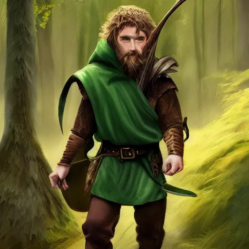 Image similar to a clean shaven rugged warrior hobbit in leather armor with very short hair and a dark green cloak and dark green hood hiking through the forest holding a hunting bow, clean shaven, trending on artstation, realistic, detailed, by Tony Sart