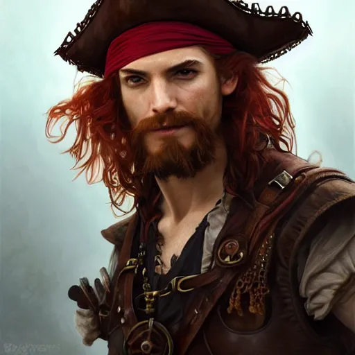 Prompt: portrait of a young rugged pirate, male, masculine, upper body, red hair, long hair, d & d, fantasy, intricate, elegant, highly detailed, steampunk, airship, digital painting, artstation, concept art, matte, sharp focus, illustration, art by artgerm and greg rutkowski and alphonse mucha