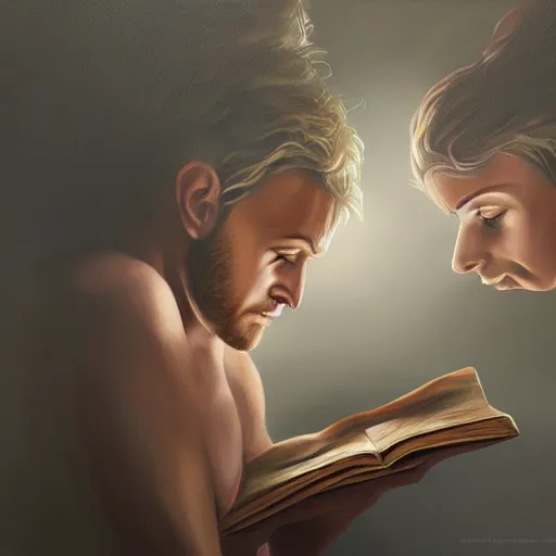 Image similar to a realistic painting of three male and one female characters emerging from inside a book, trending on artstation, detailed digital art