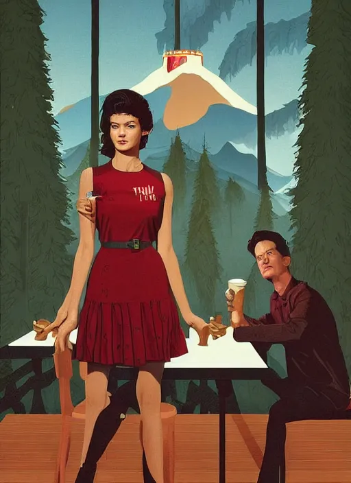 Prompt: Twin Peaks poster artwork by Michael Whelan, Bob Larkin and Tomer Hanuka, Karol Bak of Zendaya is a high school student working at the diner wearing waitress dress, from scene from Twin Peaks, simple illustration, domestic, nostalgic, from scene from Twin Peaks, clean