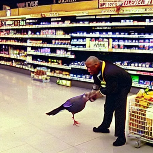 Image similar to CCTV footage of Mike Tyson boxing a Pigeon in a grocery store