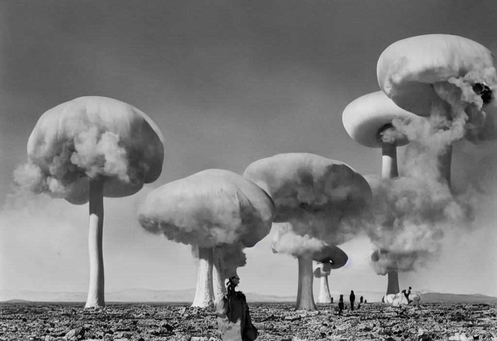 Image similar to fashion editorial in Nevada nuclear test site. gigantic mushroom cloud explision. 1956. highly detailed. depth of field. high definition. 8k. photography.