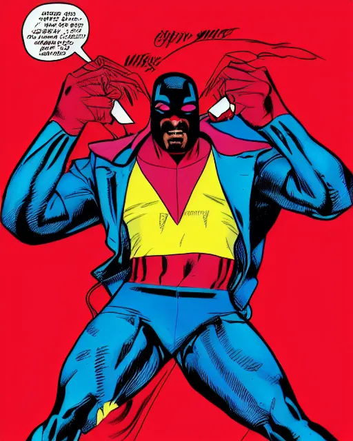 Image similar to Marvel Comics (1990s) X-Men comic book cartoon illustration of Kanye West on red background