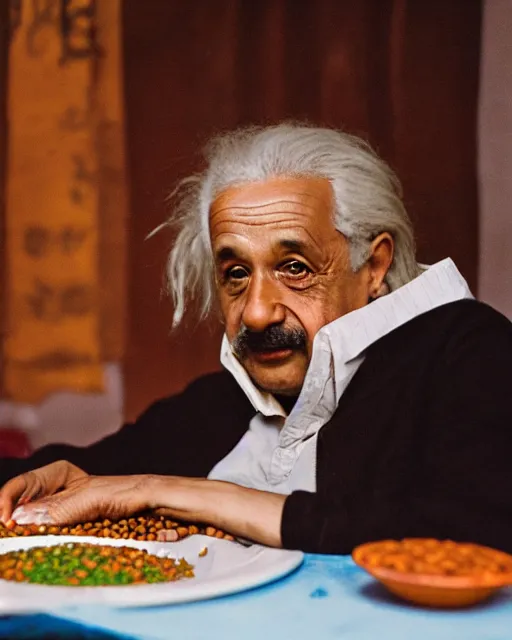 Image similar to A photo of Albert Einstein eating Rajma Chawal, highly detailed, trending on artstation, bokeh, 90mm, f/1.4