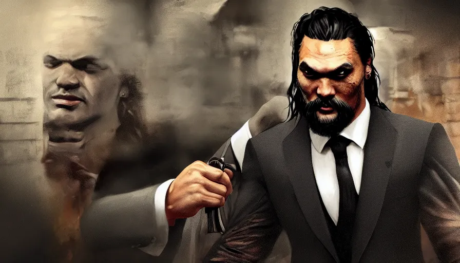 Prompt: Jason Momoa as a mafia boss in suit and tie, hyperdetailed, artstation, cgsociety, 8k