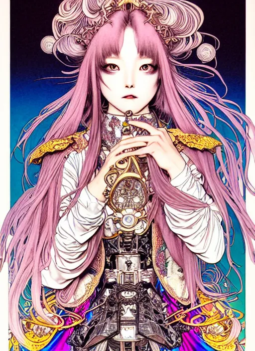 Image similar to highly detailed terada katsuya ayami kojima atrstation manga poster of princess mechine, rainbow gradient reflection, cute face by artgerm, long hair, armor, dress, laces, ruffles, 8 k, maximalist,, jump comics, tomer hanuka, alphonse mucha