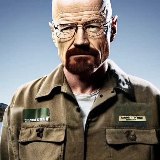 Image similar to Walter White in a derelict rv, wearing an army outfit, full shot, full portrait