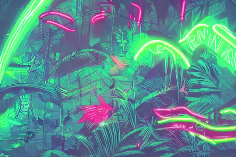 Prompt: neon jungle, detailed illustration, artstation